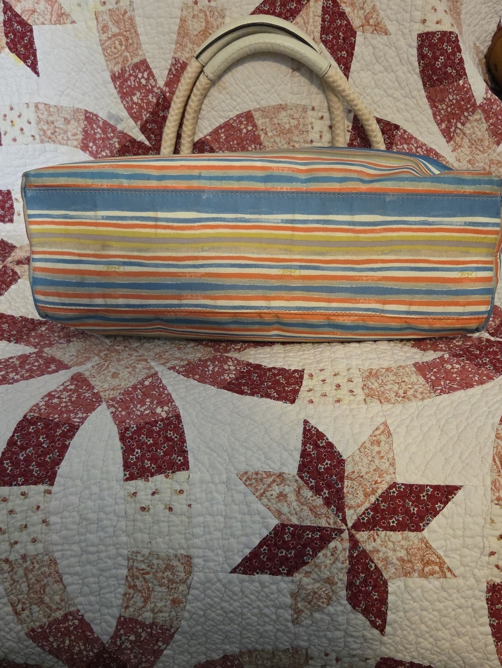 Coach Striped Blue Canvas Tote with Cream Handles - Picture 7 of 10